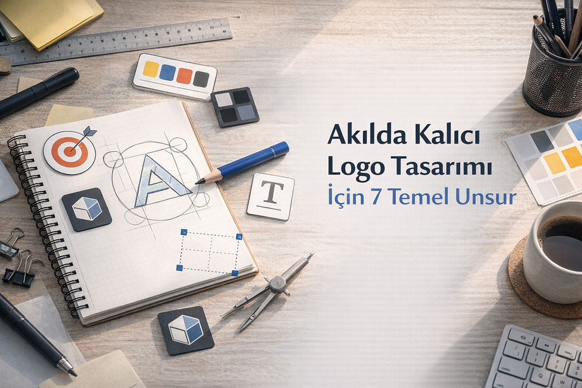 Arel Tasarım tarafından hazırlanan akılda kalıcı logo tasarımı sürecini anlatan, eskiz defteri, tipografi ve renk paleti bulunan profesyonel tasarım çalışma alanı.