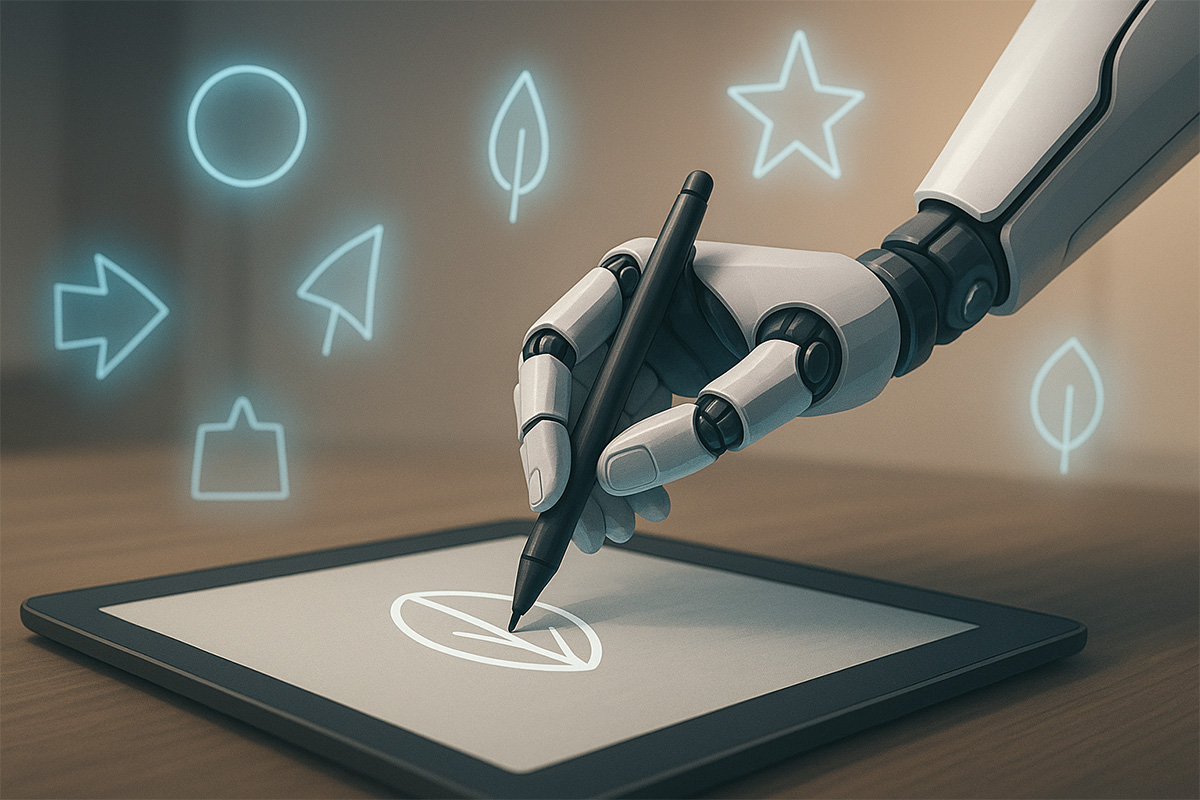 Yapay zekâ ile logo tasarımının eksilerini gösteren ve insan tasarımcının önemini vurgulayan görsel