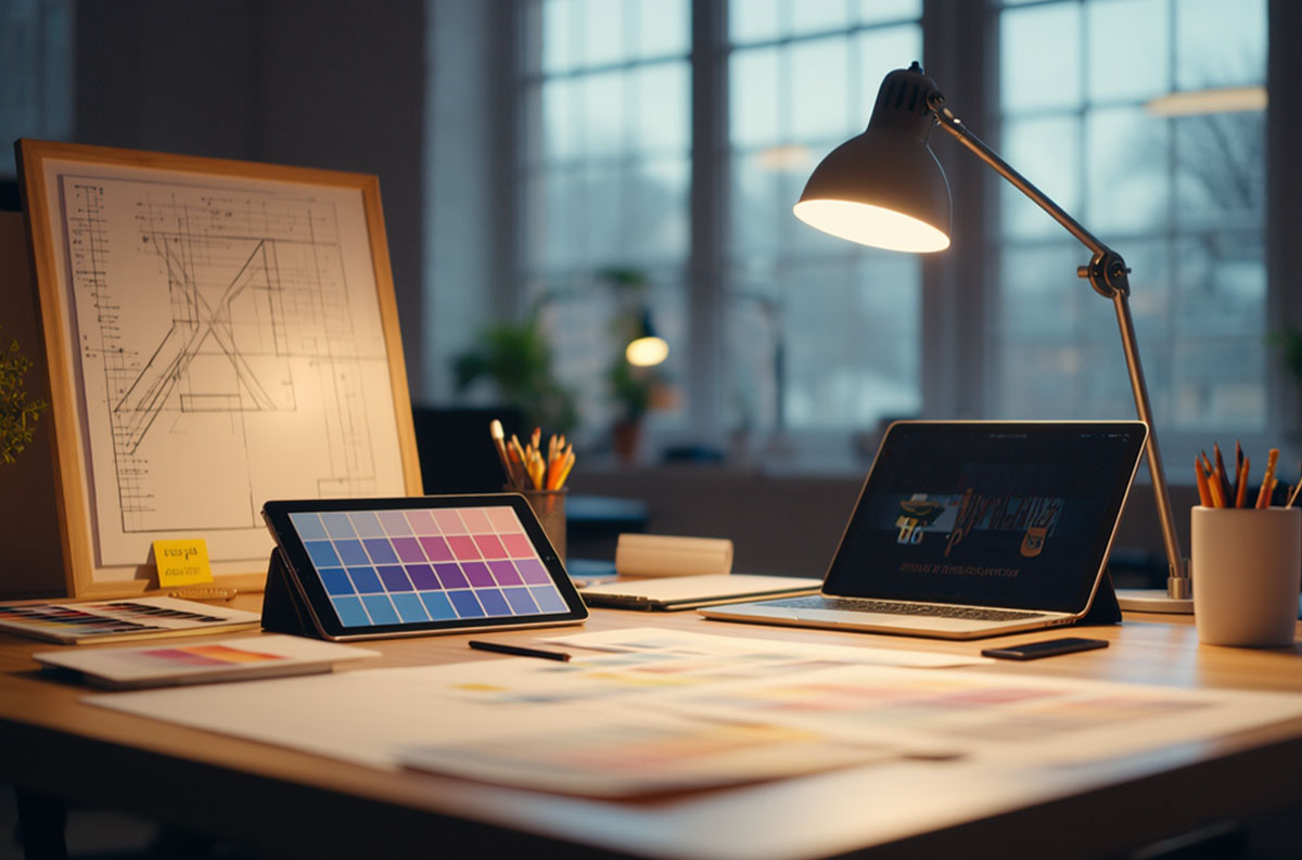 Çalışma masası üzerinde dijital bir marka yolculuğunu simgeleyen bilgisayar ekranı ve grafik öğeleri.