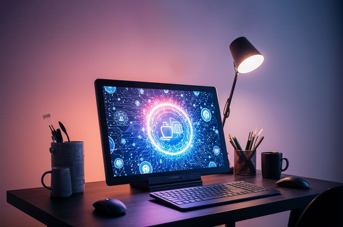 Teknoloji şirketleri için hazırlanmış modern ve dijital temalı logo tasarım süreci konsepti.