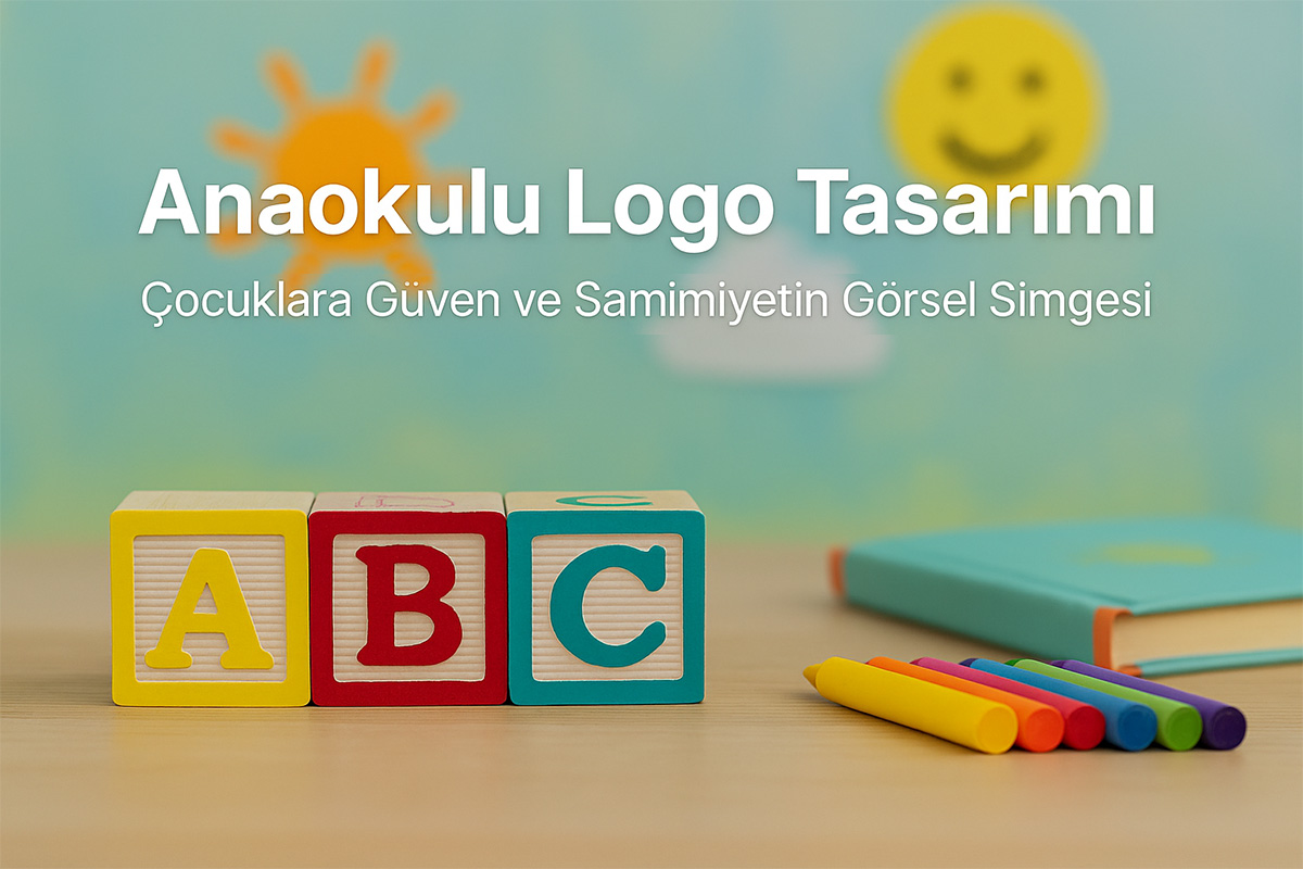 Anaokulu logo tasarımı için masa üzerinde renkli ahşap bloklar, pastel boya kalemleri ve kitap bulunan görsel