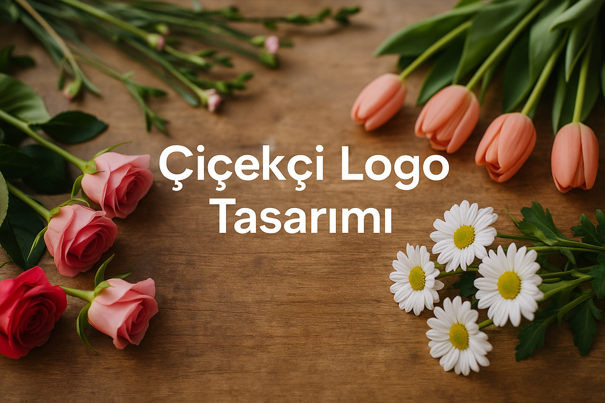 Çiçekçi logo tasarımı için hazırlanmış görsel, renkli çiçekler ve zarif tipografiyle.