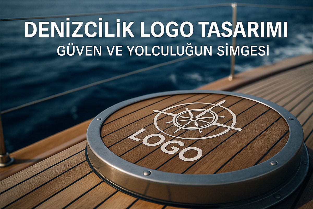 Denizcilik logo tasarımı konsepti – ahşap gemi güvertesi üzerinde metalik logo mockup’u, arka planda deniz ufku.