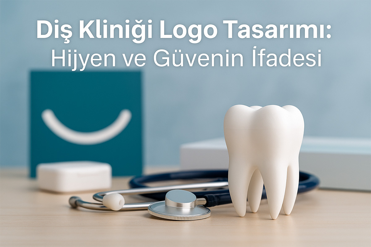 Diş kliniği logo tasarımını çağrıştıran beyaz diş maketi ve dental alet.