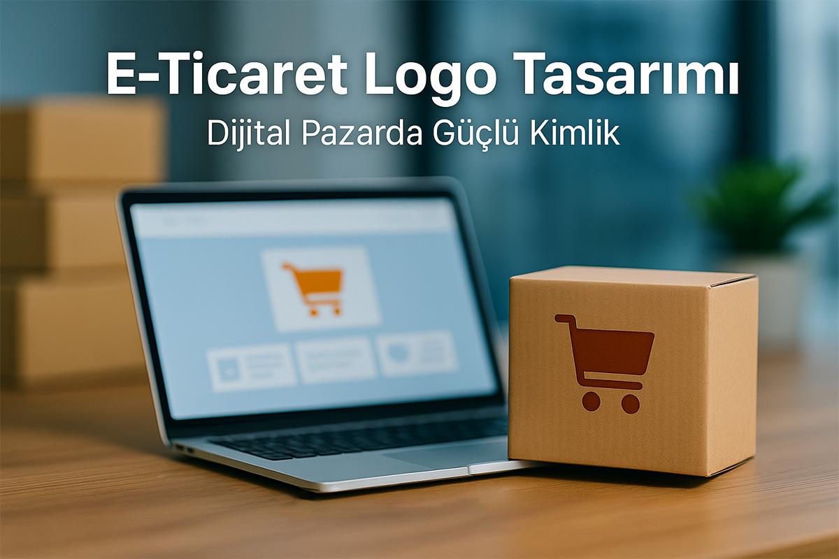 E-ticaret logo tasarımı konsepti – laptop ekranında online mağaza arayüzü ve yanında kargo kutuları üzerinde logo mockup’u.