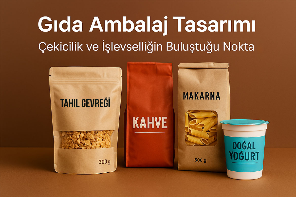 Market rafında tahıl gevreği, makarna, kahve, yoğurt paketleri, modern ambalaj tasarımıyla sergileniyor.