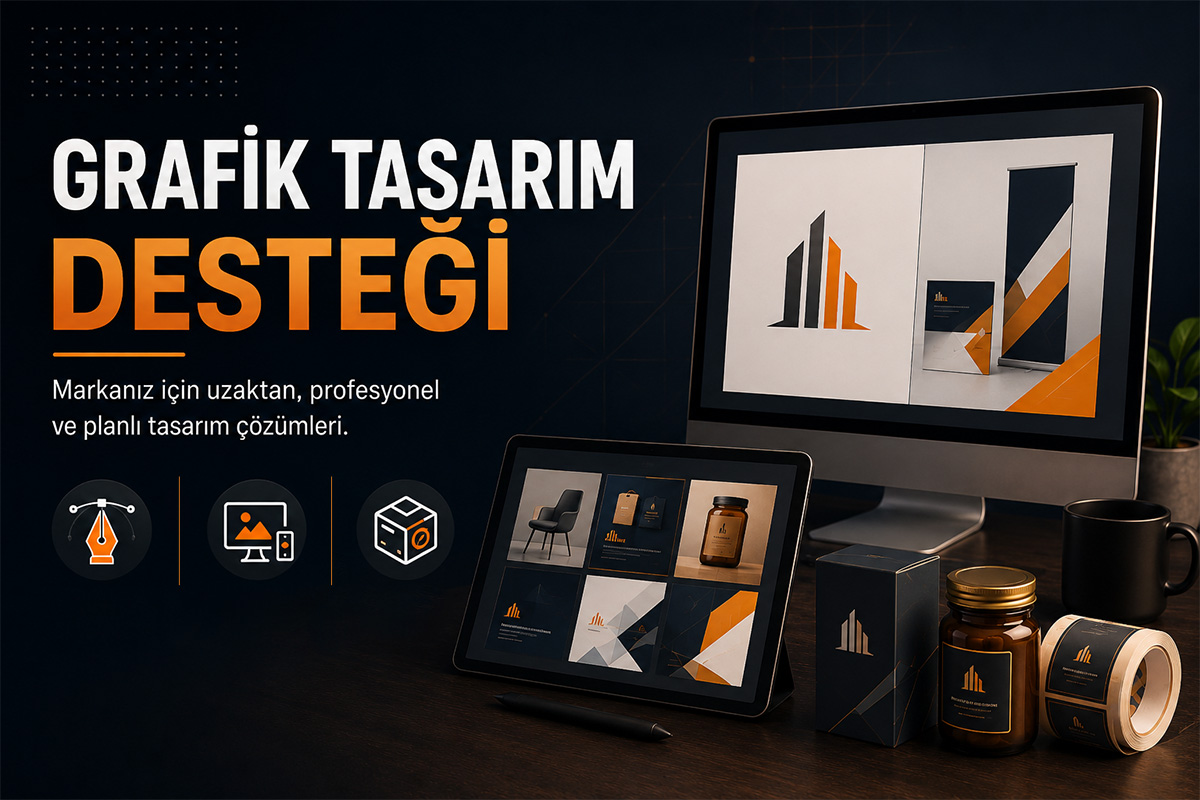Grafik tasarım desteği, logo tasarımı, sosyal medya görselleri, banner, ambalaj ve etiket tasarımı hizmetlerini gösteren profesyonel tasarım görseli.