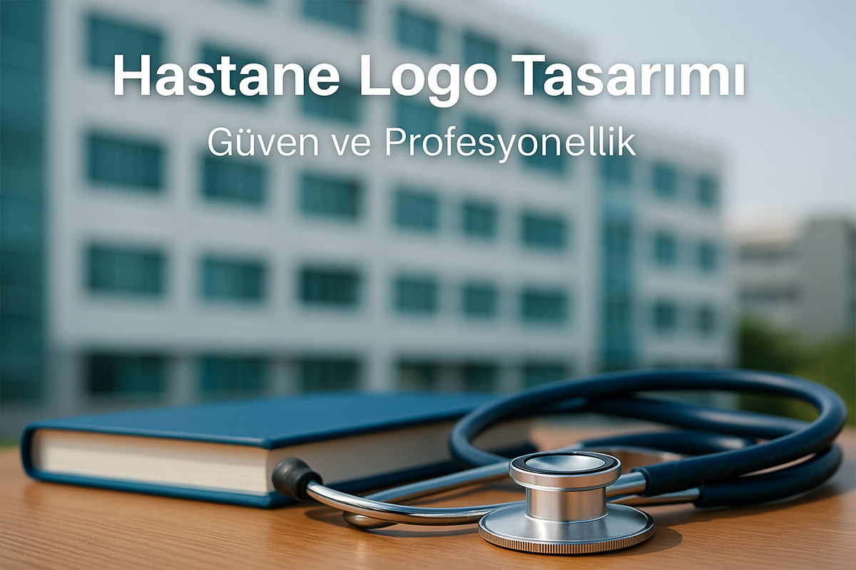 Hastane logo tasarımı için masa üzerinde stetoskop ve tıbbi kitap, arka planda blur hastane binası