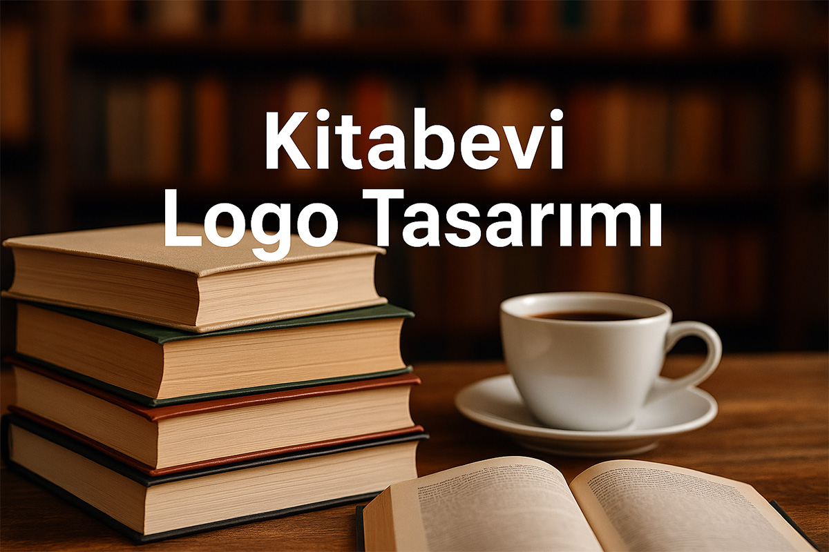 Kitabevi logo tasarımı için kitap rafları arasında açık kitap bulunan gerçekçi görsel.