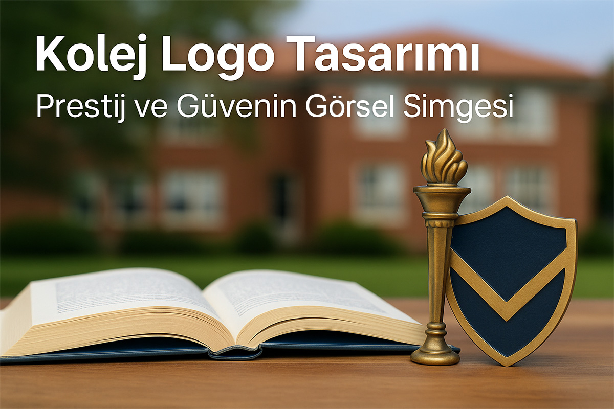 Kolej logo tasarımı için masa üzerinde açık kitap, metal meşale figürü ve kalkan obje bulunan görsel – arka planda blur kolej binası