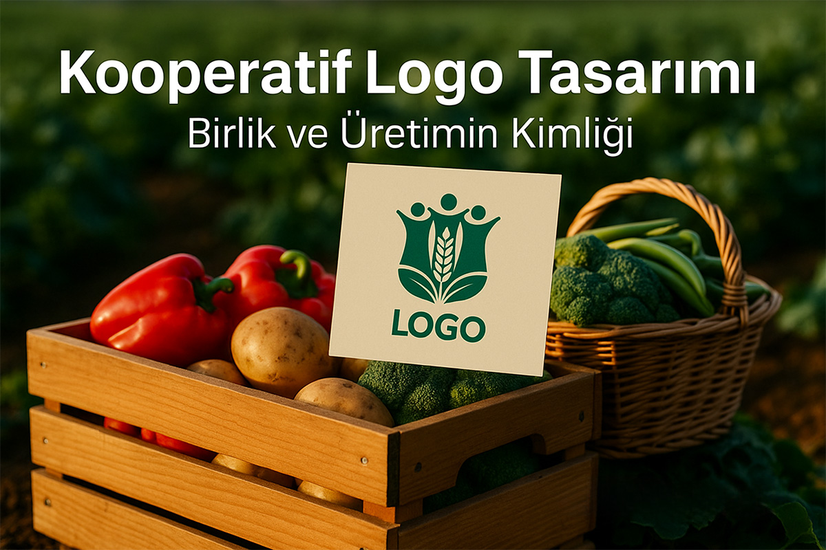 Kooperatif logo tasarımı için taze sebze ve meyve dolu sepetler, arka planda tarım ürünlerini simgeleyen pano – Arel Tasarım