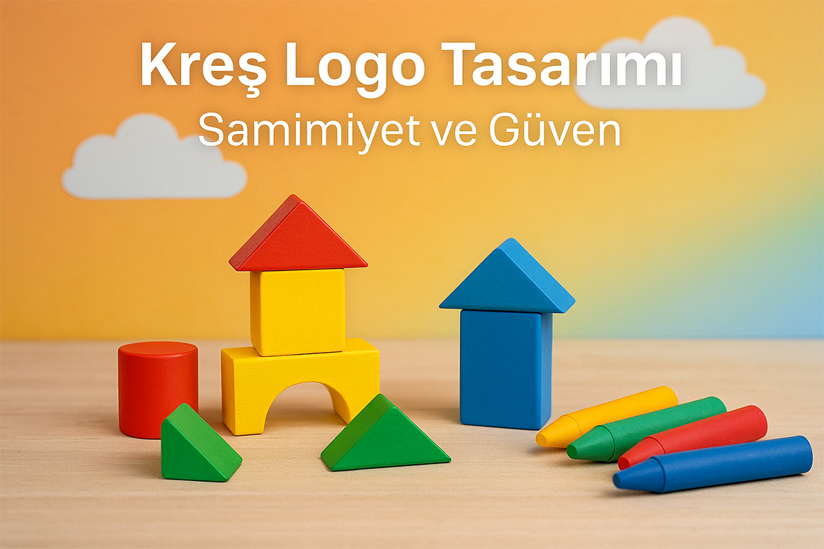 Kreş logo tasarımı için masa üzerinde renkli oyun blokları, pastel boya kalemleri ve bulut figürü bulunan görsel