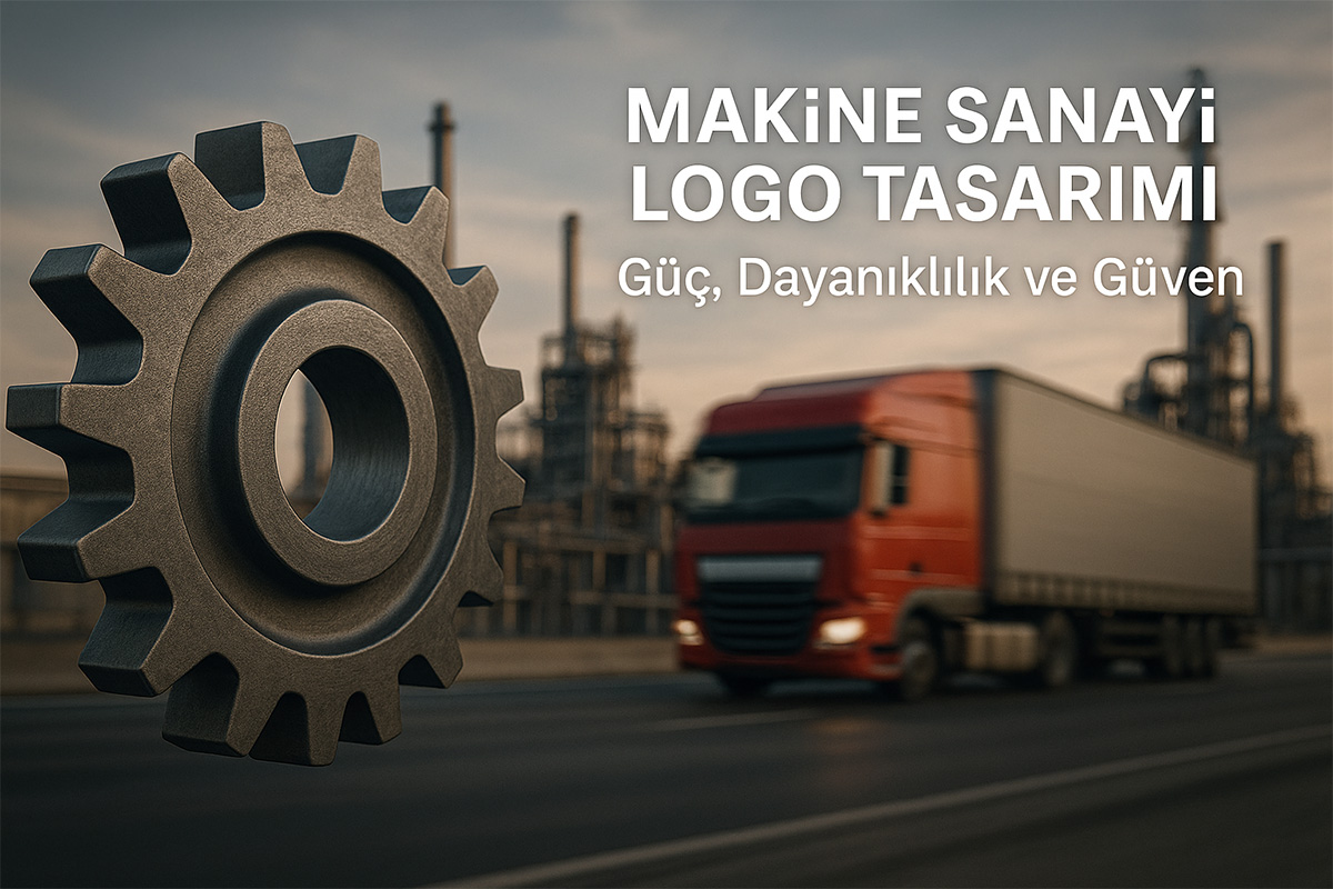 Önde metal dişli çark, arka planda hareket halinde kırmızı tır ve fabrika; makine sanayinde güç, dayanıklılık ve dinamizmi simgeliyor.