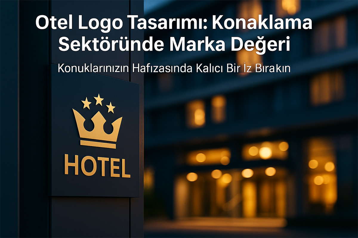 Otel girişinde tabela üzerinde kurumsal logo mockup’u – arka planda gece ışıklarıyla aydınlatılmış otel binası