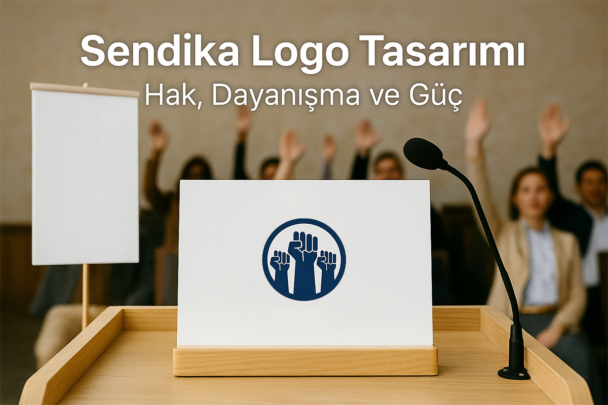 Sendika logo tasarımı için pankart, afiş tasarımı ve çark sembolüyle hazırlanmış konsept – Arel Tasarım