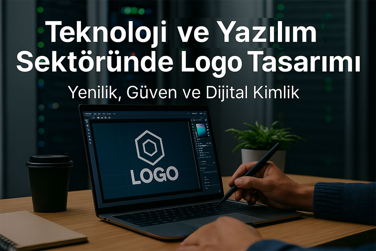 Bilgisayar ekranında dijital logo tasarımı, teknoloji ve yazılım sektörünü simgeleyen görsel.