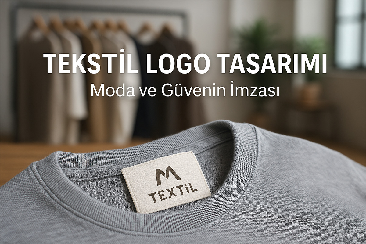 Tekstil logo tasarımı konsepti – gri tişört etiketi üzerinde logo mockup’u, arka planda flu tekstil showroomu.
