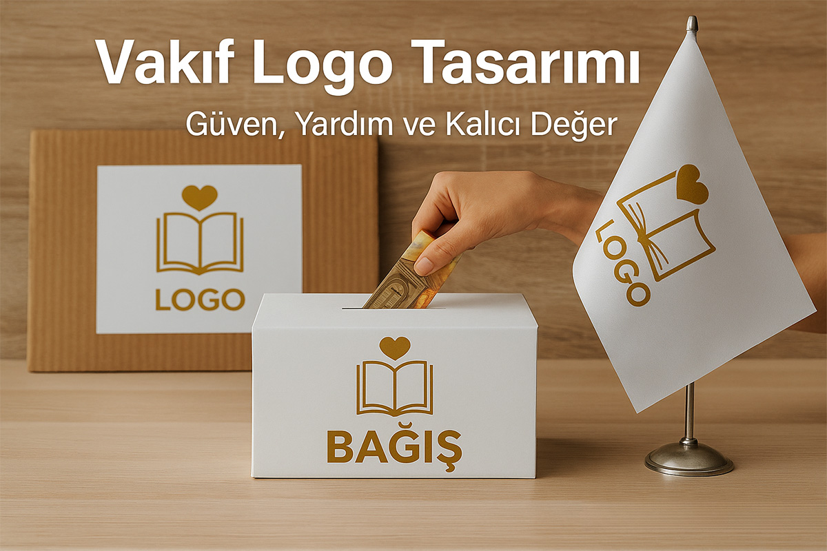 Vakıf logo tasarımı için bağış kutusu, kalp sembolü ve kitap ile hazırlanmış kurumsal konsept – Arel Tasarım