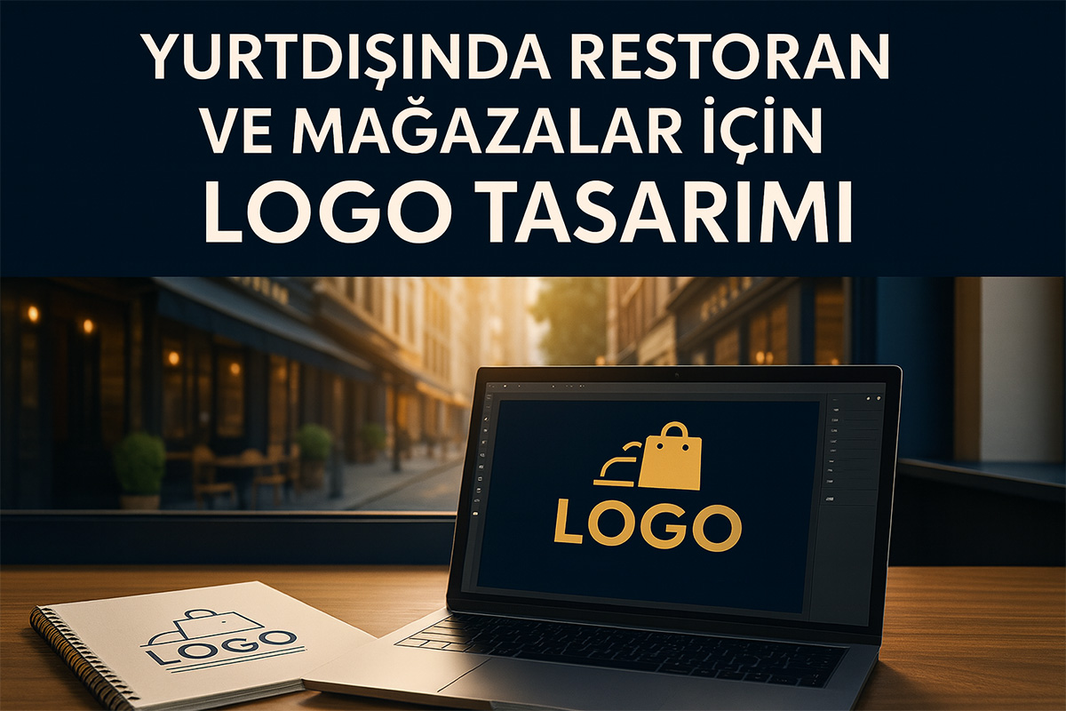 Yurtdışında restoran ve mağazalar için bilgisayar ekranında logo tasarımı, modern ve profesyonel ortam