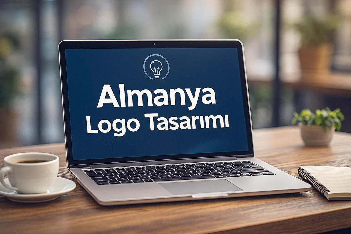 Almanya logo tasarımı – laptop ekranında yazı ve kahve fincanı bulunan masa düzeni