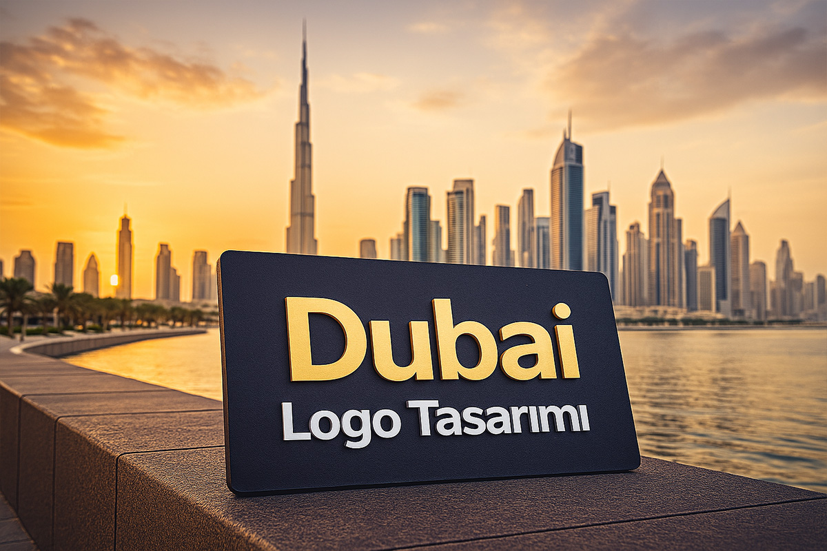 Birleşik Arap Emirlikleri için logo tasarımı yazılı tabela, arka planda modern Dubai gökdelenleri.