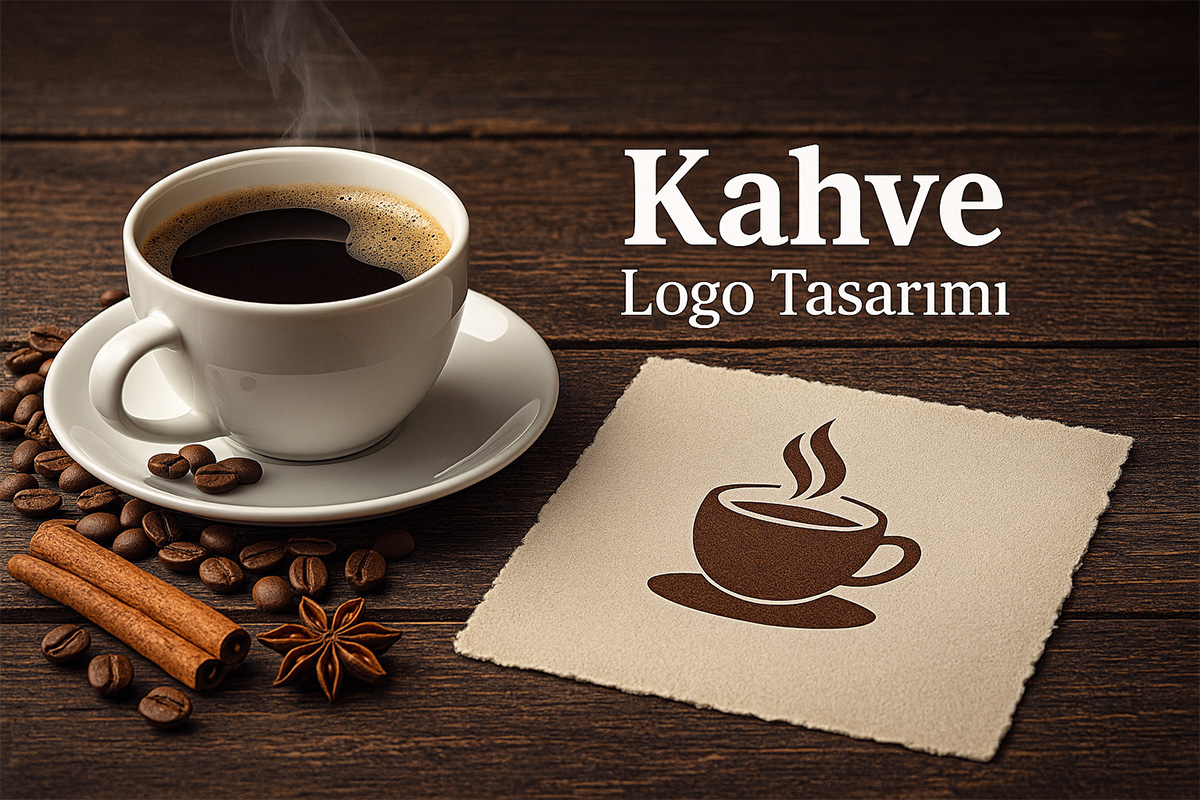 Kahve logo tasarımı – kahve fincanı ve kahve çekirdekleriyle hazırlanmış minimalist logo mockup