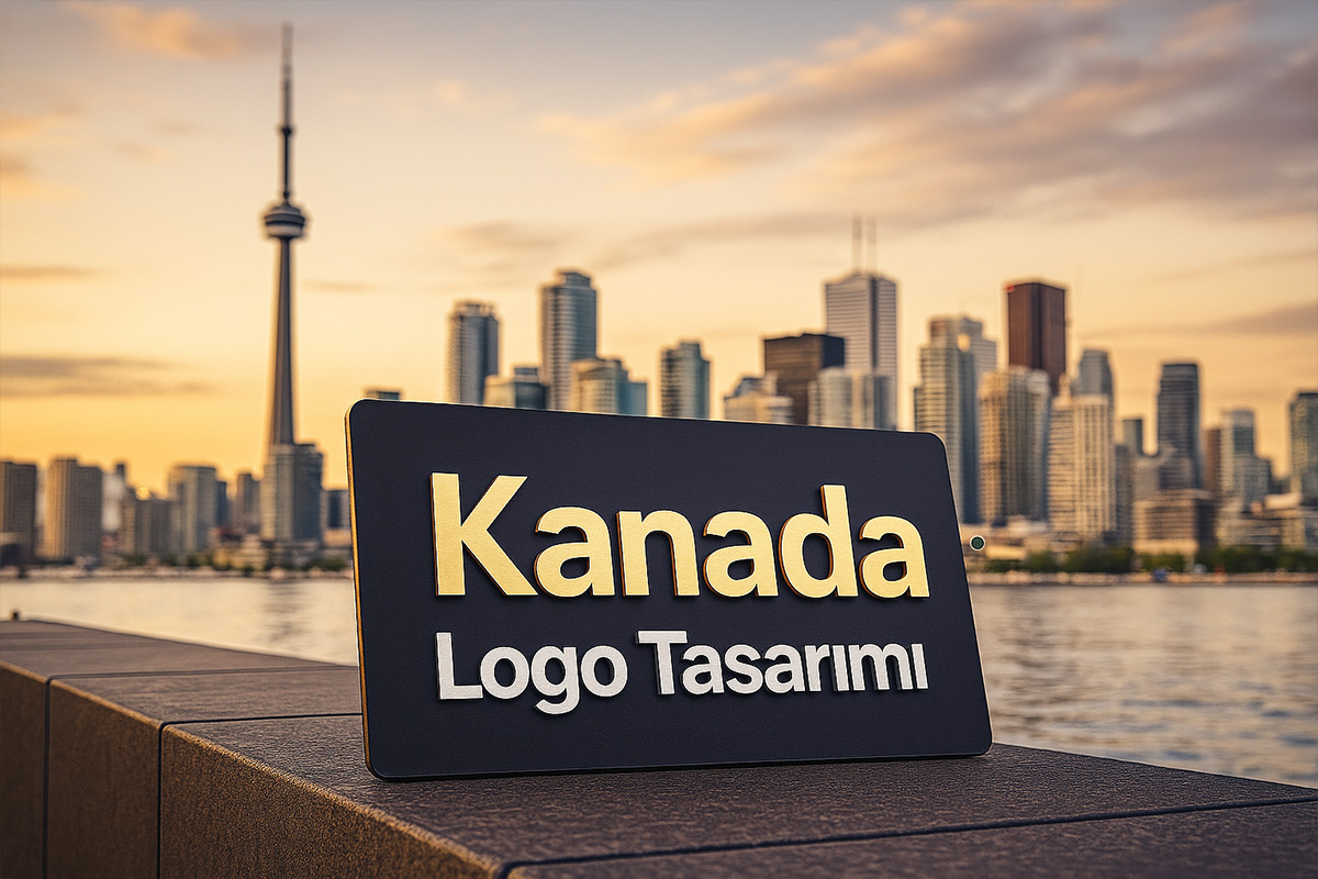 Kanada Logo Tasarımı yazılı siyah tabela, arka planda Toronto şehir silüeti.