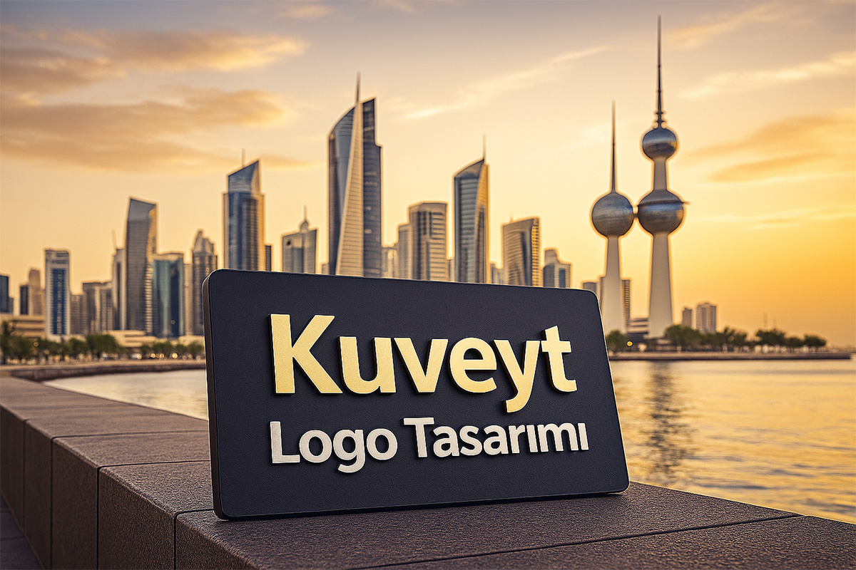 Kuveyt logo tasarımı – modern şehir manzarası ve tabela üzerinde altın yazıyla tasarım vurgusu