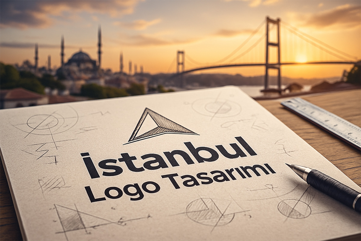 İstanbul manzarası önünde defter üzerinde “İstanbul Logo Tasarımı” yazısı ve logo eskizleri.