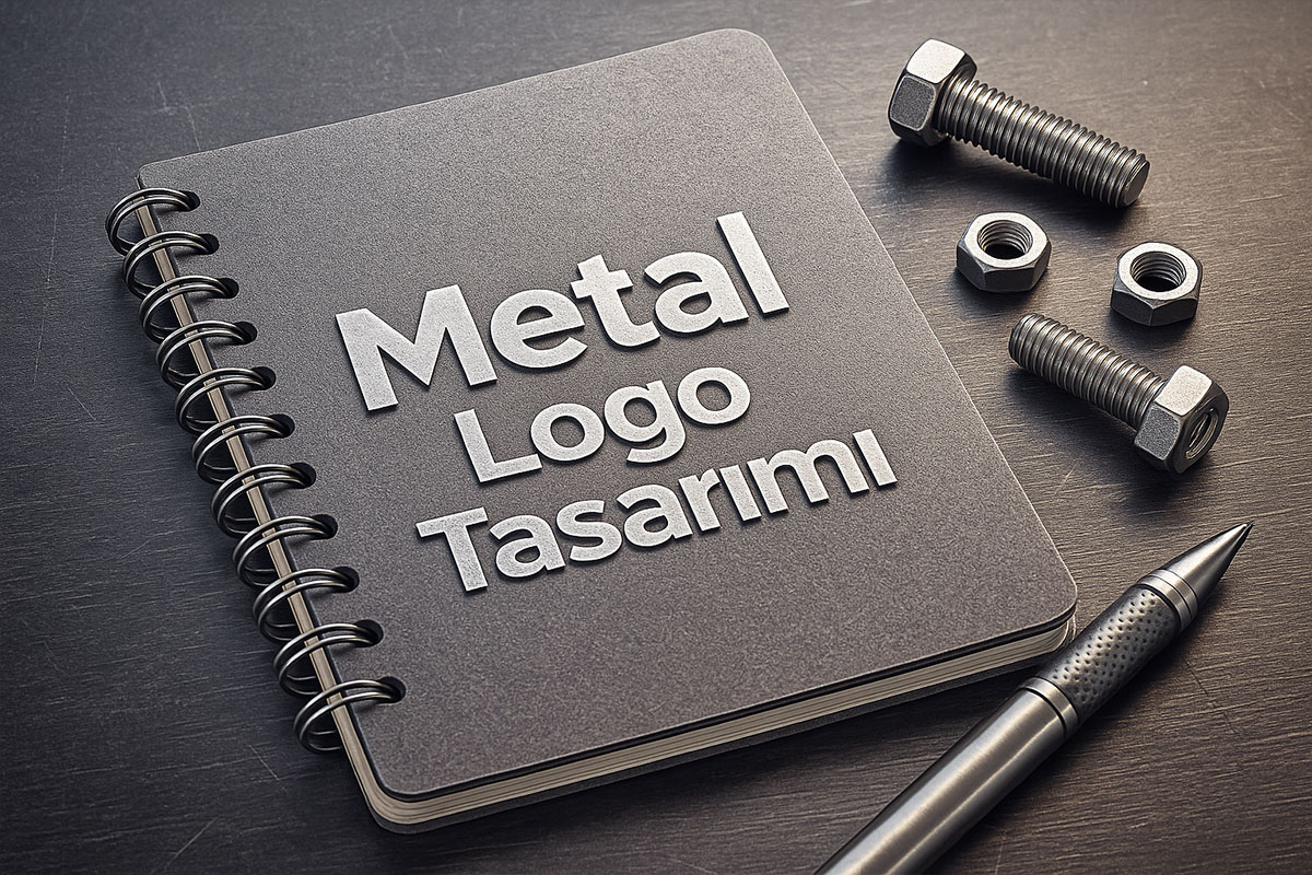 Metal sektörü için logo tasarımı – defter üzerinde “Metal Logo Tasarımı” yazısı ve metal parçalar