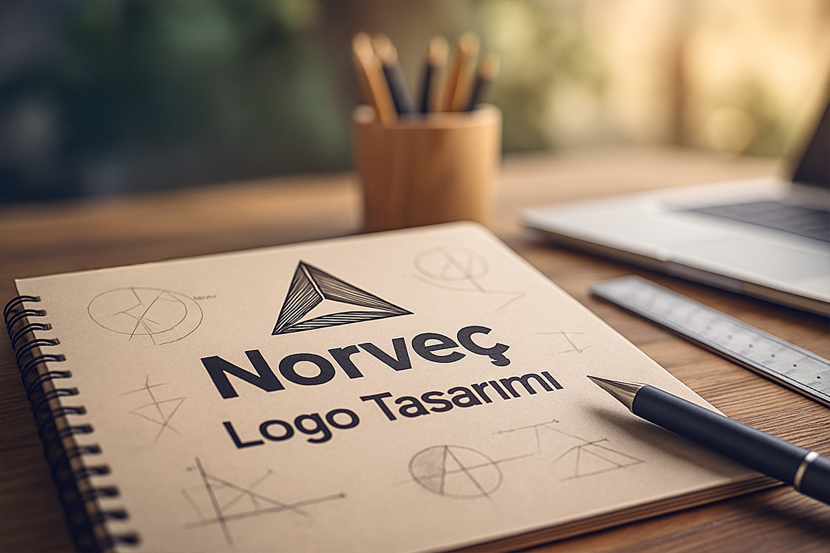 Bir defter üzerinde “Norveç Logo Tasarımı” yazısı, yanında kalem ve çizim eskizleriyle masa üzerinde görüntüleniyor.