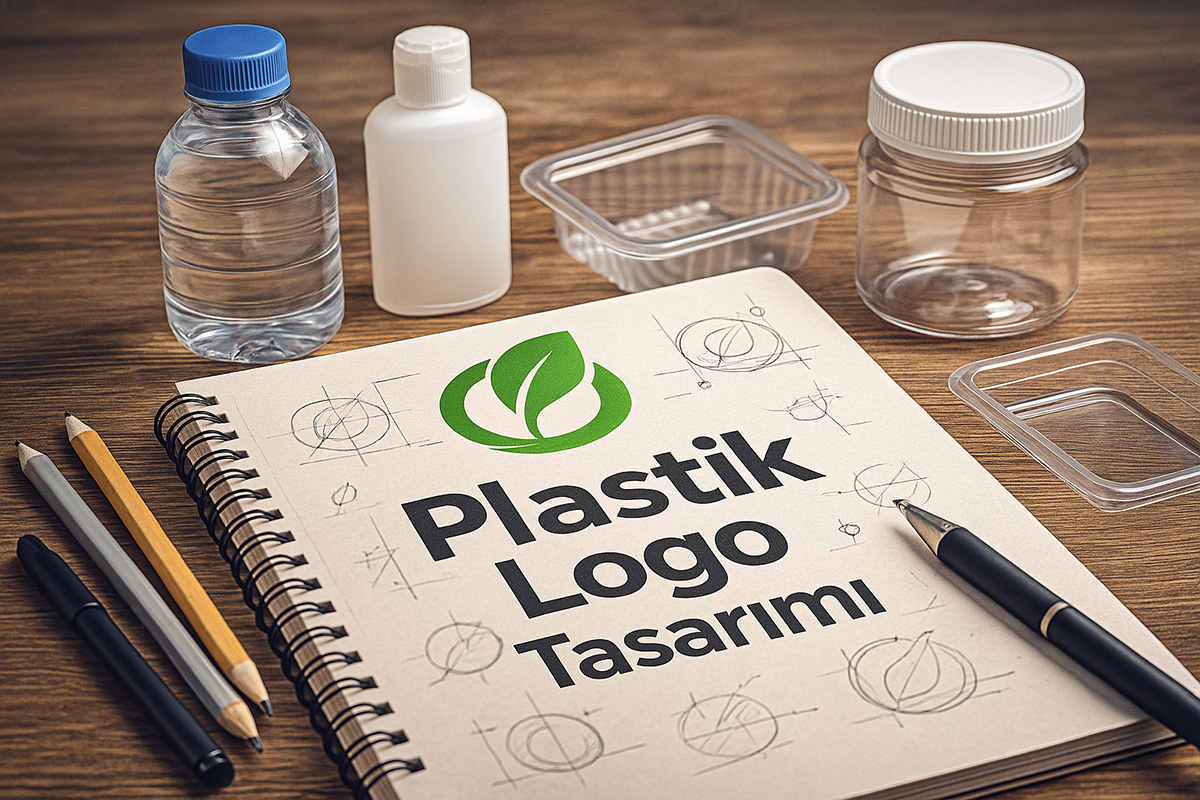 Plastik sektörüne özel logo tasarımı çalışması – defter üzerinde çizimler ve yan tarafta kalem