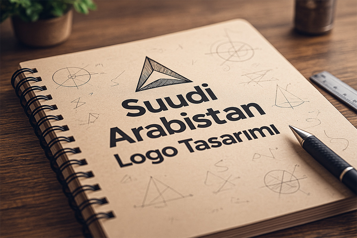 Defter üzerinde Suudi Arabistan Logo Tasarımı başlığı yazılı, arka planda tasarım çizimleri bulunan bir çalışma sahnesi.