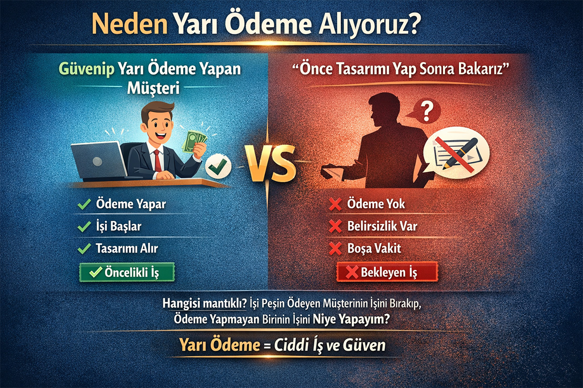 Logo tasarımında yarı ödeme alan tasarımcı ile ödeme yapmadan tasarım isteyen müşteri arasındaki farkı gösteren karşılaştırmalı görsel.