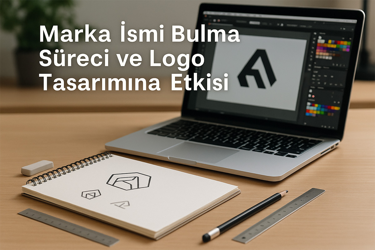 Adobe Illustrator açık bir laptop, yanında logo eskizlerinin yer aldığı defter ve marka ismi oluşturma sürecini temsil eden çalışma alanı – Arel Tasarım.