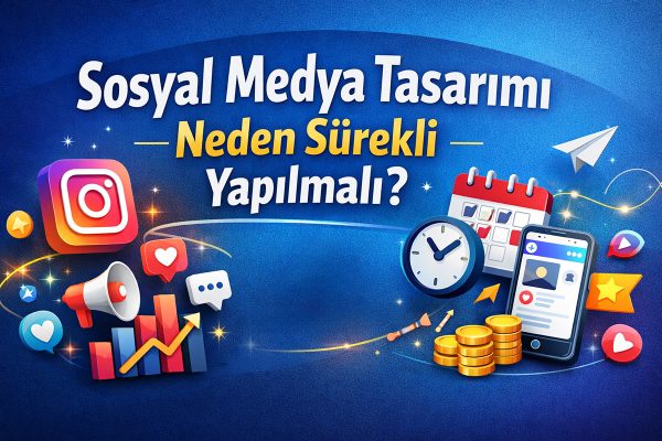 Sosyal Medya Tasarımı Neden Sürekli Yapılmalı başlıklı görsel, Instagram ikonları, takvim, grafik artış simgeleri ve Arel Tasarım logosu ile markalar için düzenli sosyal medya tasarımının önemini anlatıyor.
