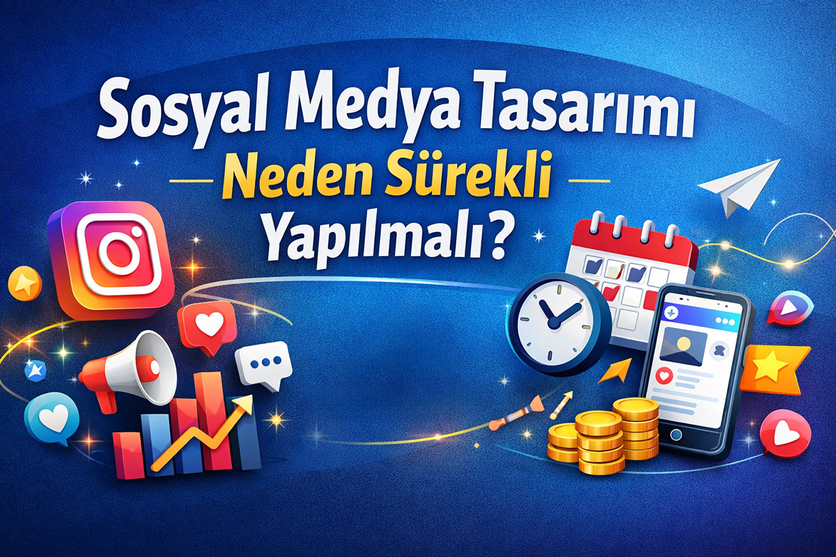 Sosyal Medya Tasarımı Neden Sürekli Yapılmalı başlıklı görsel, Instagram ikonları, takvim, grafik artış simgeleri ve Arel Tasarım logosu ile markalar için düzenli sosyal medya tasarımının önemini anlatıyor.