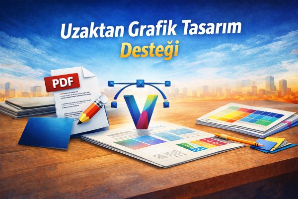 Uzaktan grafik tasarım desteği kapsamında PDF düzenleme, vektörel logo çizimi ve baskı öncesi hazırlık çalışmalarını gösteren masa üstü tasarım görseli – Arel Tasarım.