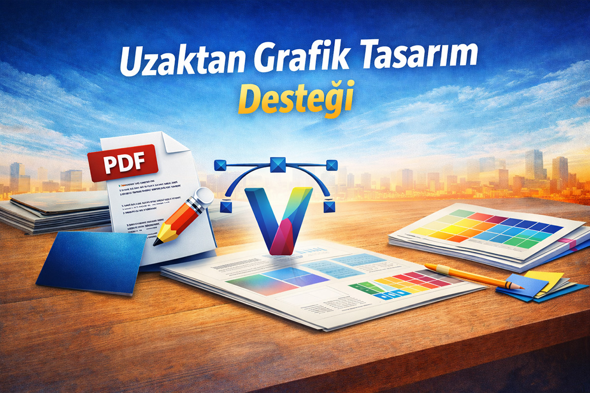 Uzaktan grafik tasarım desteği kapsamında PDF düzenleme, vektörel logo çizimi ve baskı öncesi hazırlık çalışmalarını gösteren masa üstü tasarım görseli – Arel Tasarım.