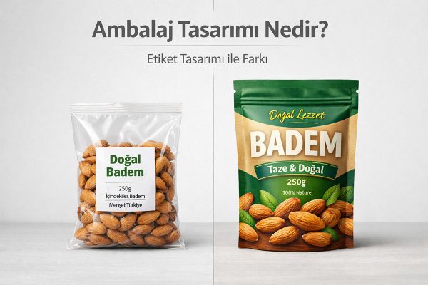 Arel Tasarım tarafından hazırlanan ambalaj tasarımı ve etiket tasarımı arasındaki farkı gösteren gerçekçi ürün ambalajı görseli.