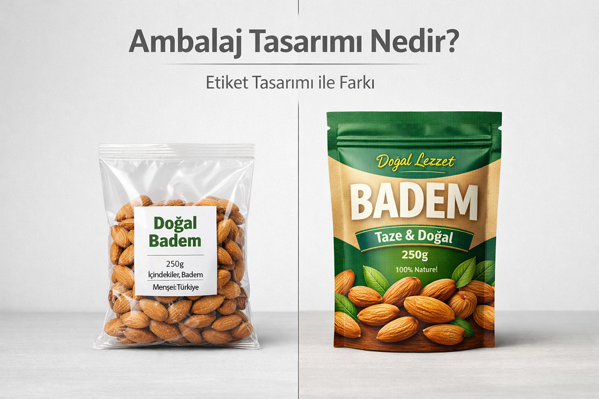 Arel Tasarım tarafından hazırlanan ambalaj tasarımı ve etiket tasarımı arasındaki farkı gösteren gerçekçi ürün ambalajı görseli.