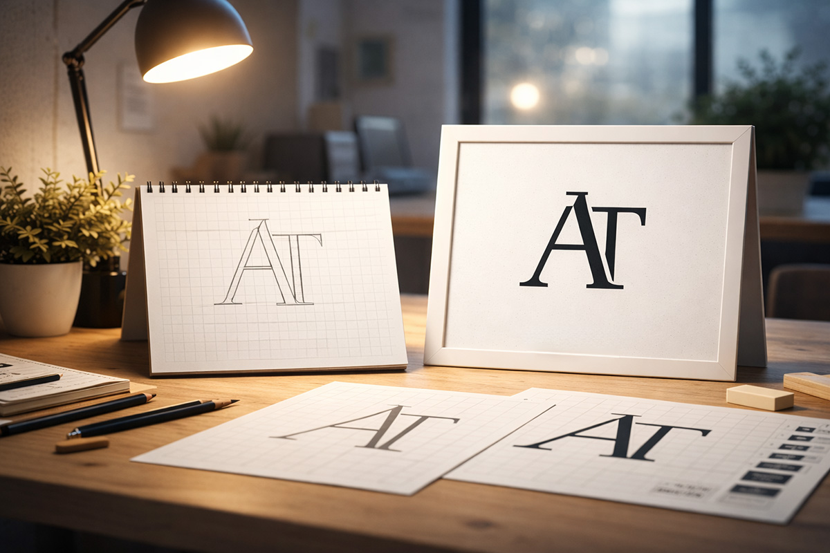 Arel Tasarım tarafından hazırlanan profesyonel logo tasarımı sürecini gösteren before after görseli, AT monogram eskizden final logoya dönüşüm