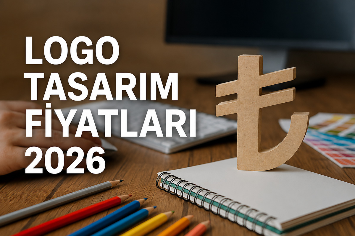 Arel Tasarım tarafından hazırlanan Logo Tasarım Fiyatları 2026 görseli; masa üzerinde tasarım araçları ve büyük TL simgesiyle logo tasarım ücretlerini anlatan blog görseli.