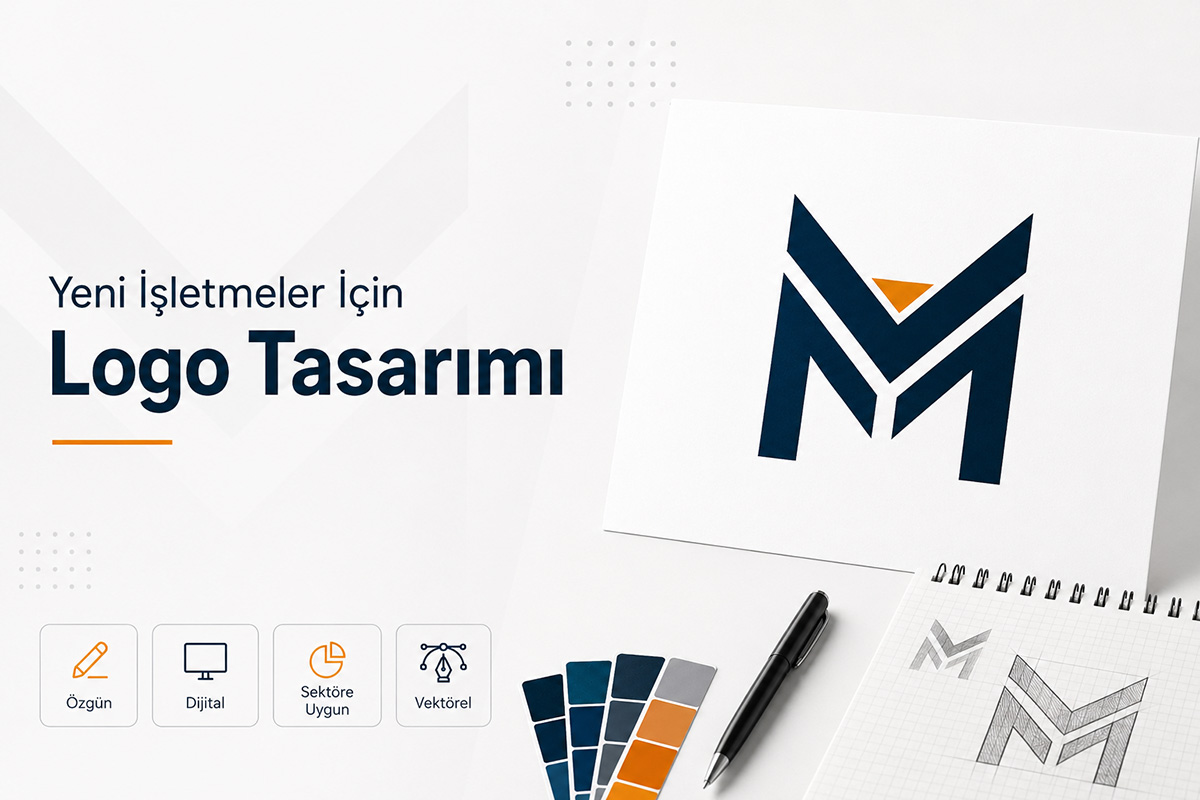 Yeni işletmeler için logo tasarımı konusunu anlatan, M harfi logo eskizi, renk paleti, kalem ve modern logo sunum alanı bulunan profesyonel blog görseli.