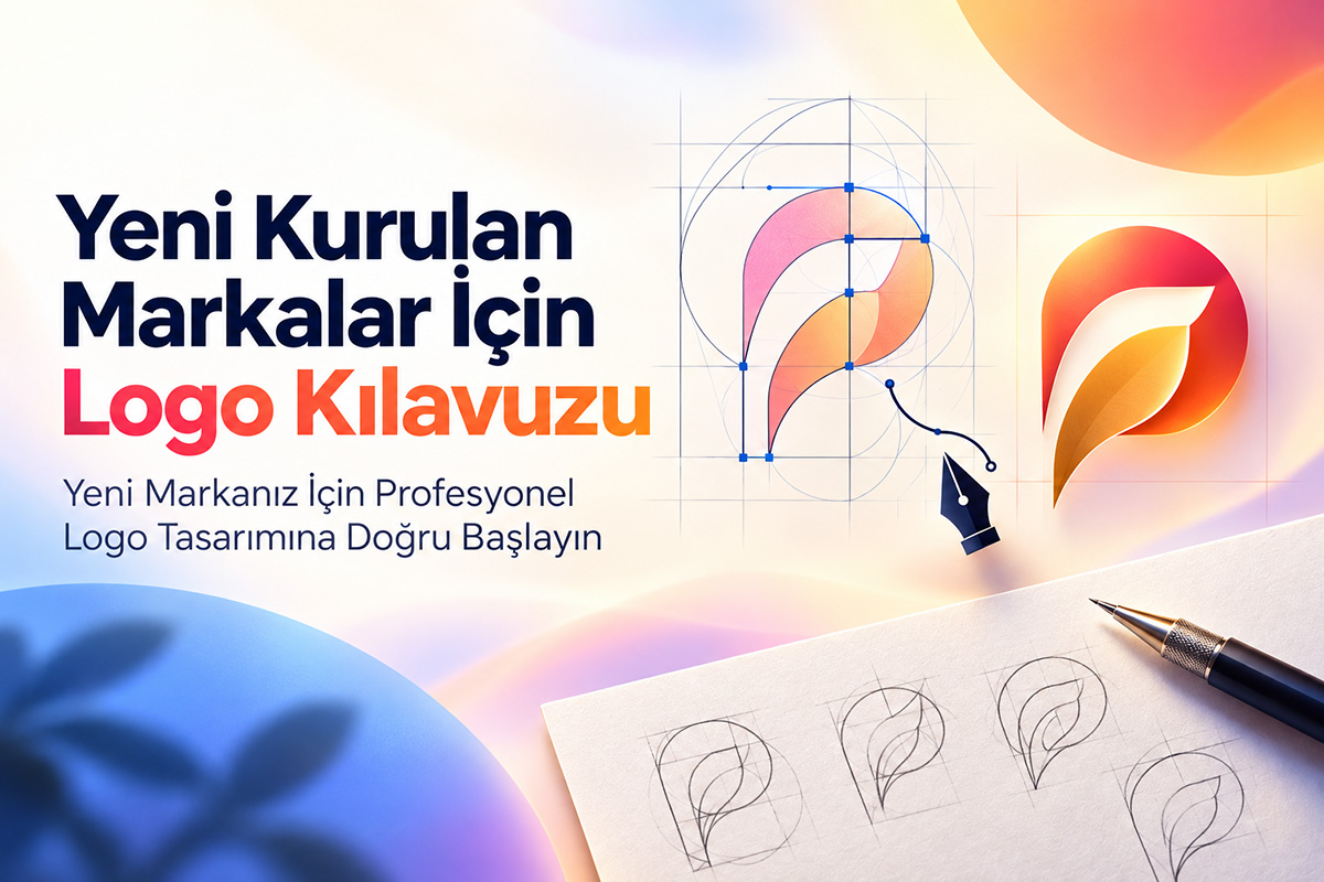 Arel Tasarım tarafından hazırlanan, yeni kurulan markalar için logo kılavuzunu anlatan; logo eskizi, vektörel çizim detayları, renk geçişleri ve profesyonel logo tasarım sürecini gösteren görsel.