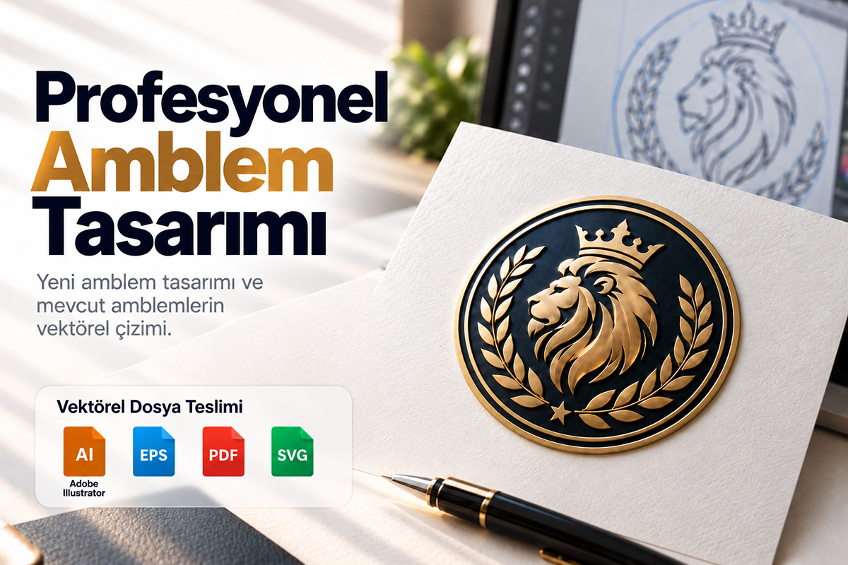 Profesyonel amblem tasarımı ve vektörel amblem çizimi. Altın renkli aslan amblemi, Adobe Illustrator AI, EPS, PDF ve SVG dosya teslimi.