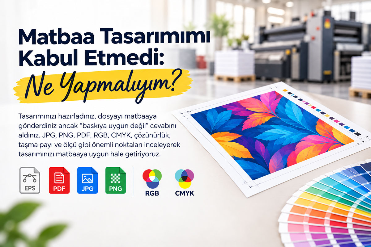 Matbaa tasarımını kabul etmediğinde baskıya uygun dosya hazırlama sürecini; EPS, PDF, JPG, PNG, RGB ve CMYK formatlarıyla anlatan Arel Tasarım görseli.