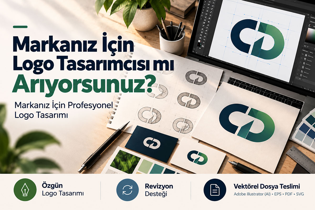 Profesyonel logo tasarımı, logo eskizleri ve vektörel çizim sürecini gösteren Arel Tasarım görseli.