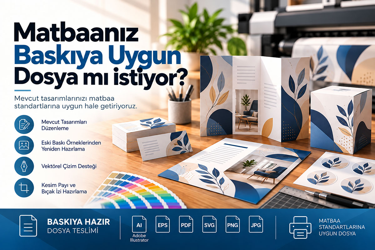 Matbaa için baskı dosyası hazırlama, mevcut tasarımların düzenlenmesi, vektörel çizim, kesim payı ve bıçak izi hazırlama hizmetleri.