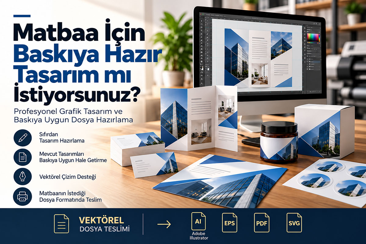 Matbaa için profesyonel grafik tasarım hizmeti, kartvizit, broşür, ambalaj ve etiket tasarımları ile baskıya uygun vektörel dosya hazırlama.